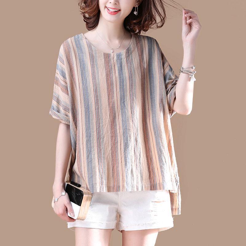 brief cotton blouses plus size clothing Irregular Stripe Short Sleeve Women Summer T-shirt - Omychic