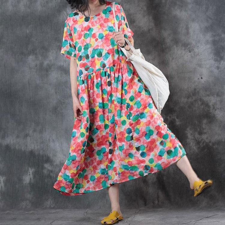 brief dress plus size clothing Colorful Dots Printed Short Sleeve Ramie Pleated Dress - Omychic