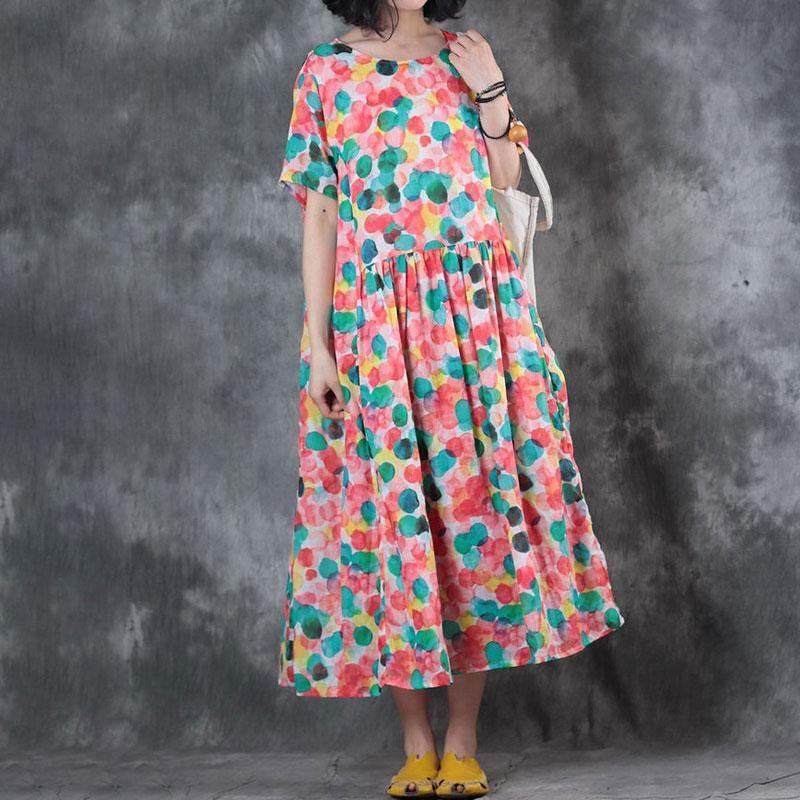 brief dress plus size clothing Colorful Dots Printed Short Sleeve Ramie Pleated Dress - Omychic