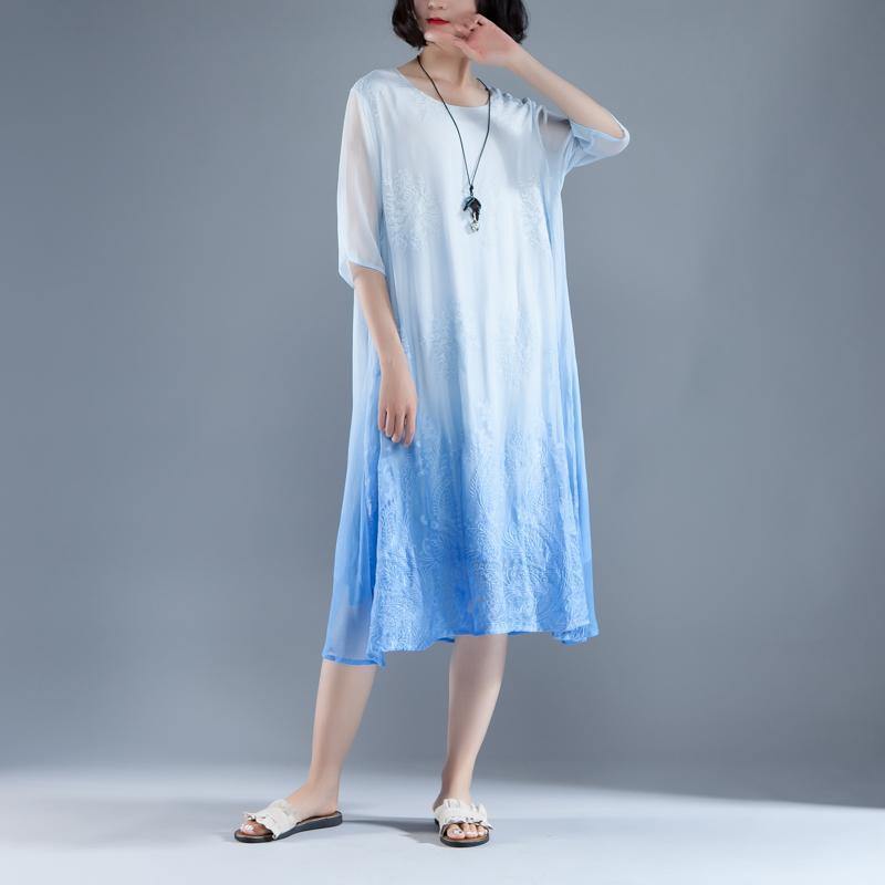 brief  holiday dress Elegant Summer Flower  Fake Two-piece Retro Blue Embroidery Dress - Omychic