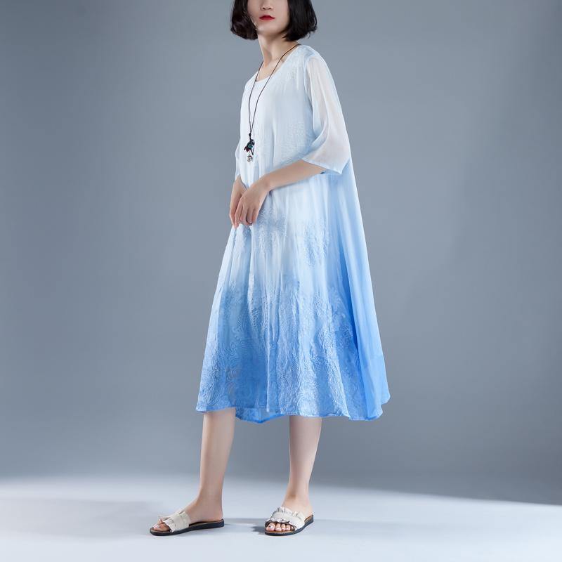 brief  holiday dress Elegant Summer Flower  Fake Two-piece Retro Blue Embroidery Dress - Omychic