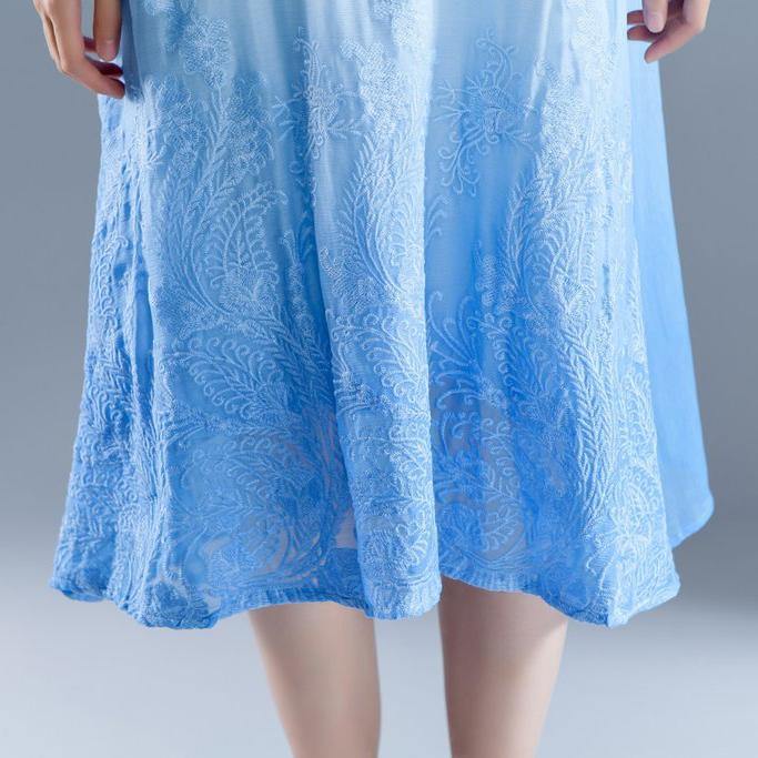 brief  holiday dress Elegant Summer Flower  Fake Two-piece Retro Blue Embroidery Dress - Omychic