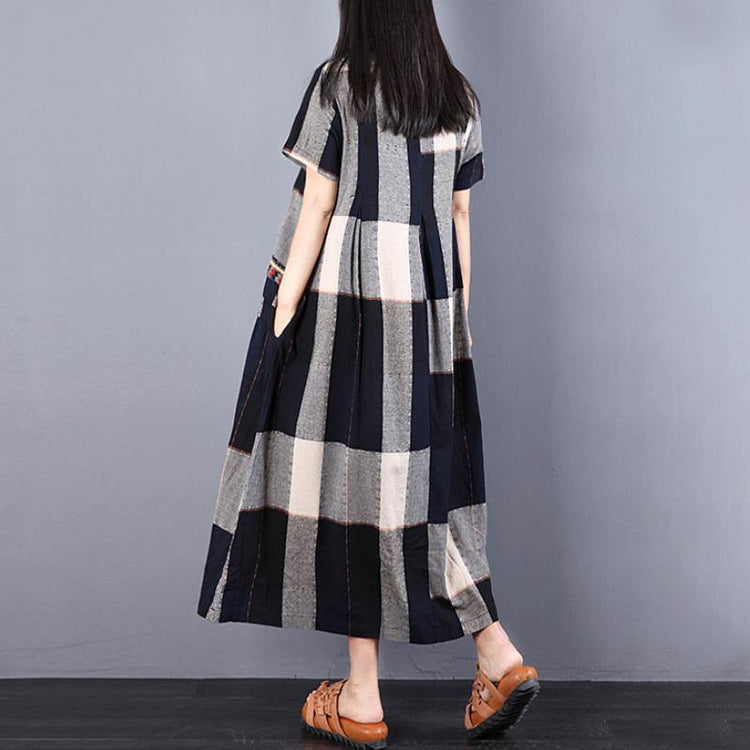 Brief Natural Cotton Dress Plus Size Clothing Cotton Summer Women Short Sleeve Plaid Dress ( Limited Stock) - Omychic