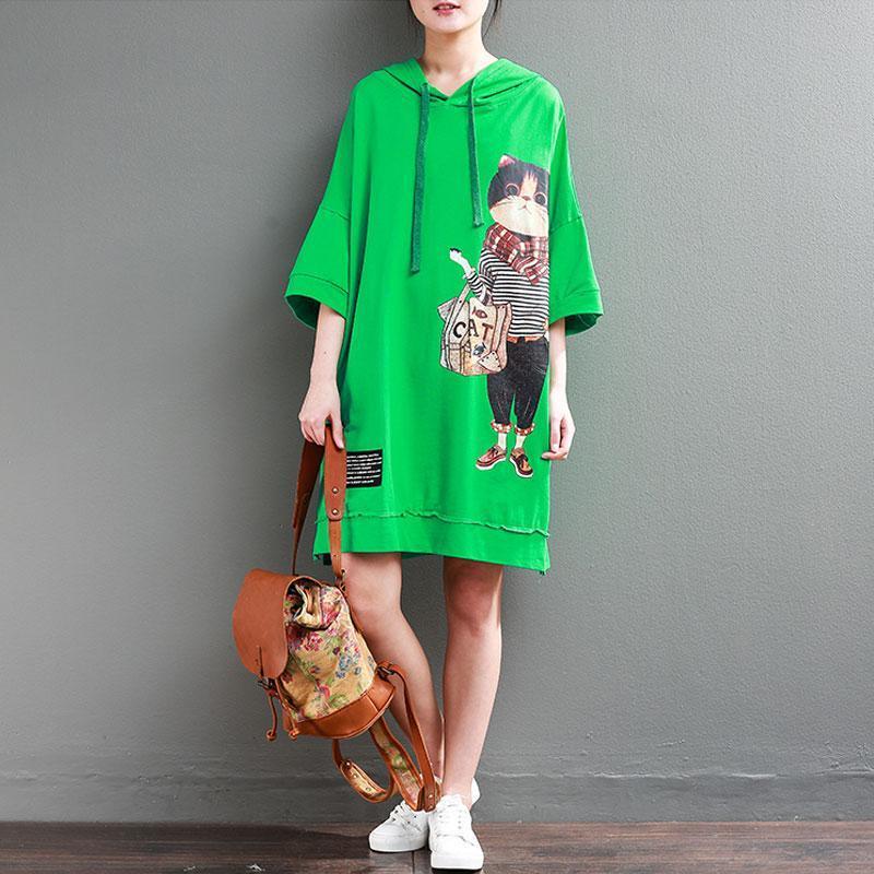 brief   natural cotton dress plus size clothing Hoodie Loose 12 Sleeve Printed Green Short Dress - Omychic