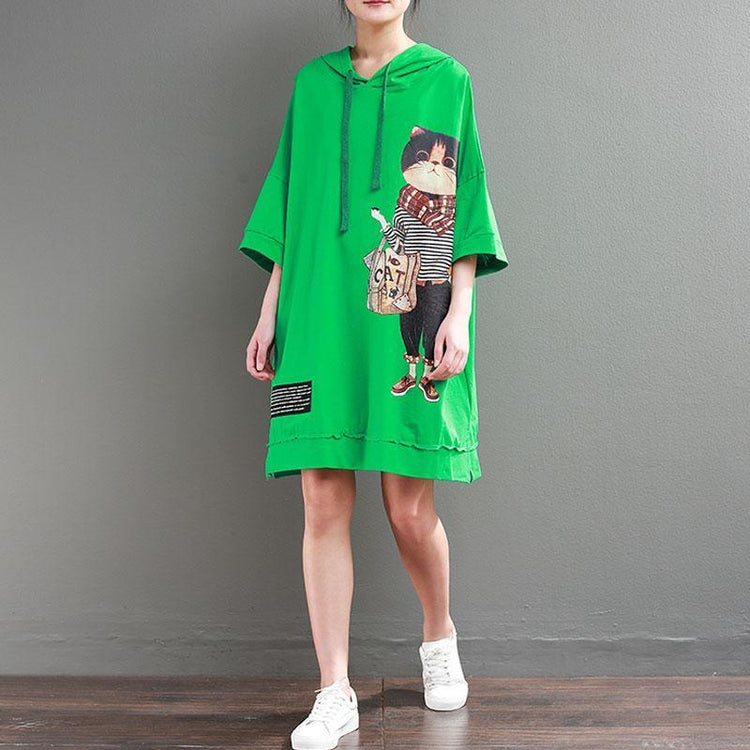 brief   natural cotton dress plus size clothing Hoodie Loose 12 Sleeve Printed Green Short Dress - Omychic