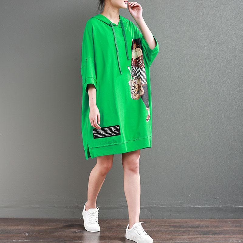 brief   natural cotton dress plus size clothing Hoodie Loose 12 Sleeve Printed Green Short Dress - Omychic