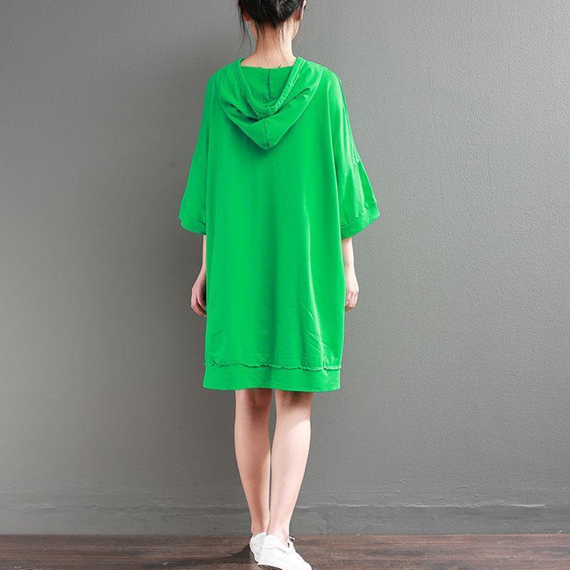 brief   natural cotton dress plus size clothing Hoodie Loose 12 Sleeve Printed Green Short Dress - Omychic