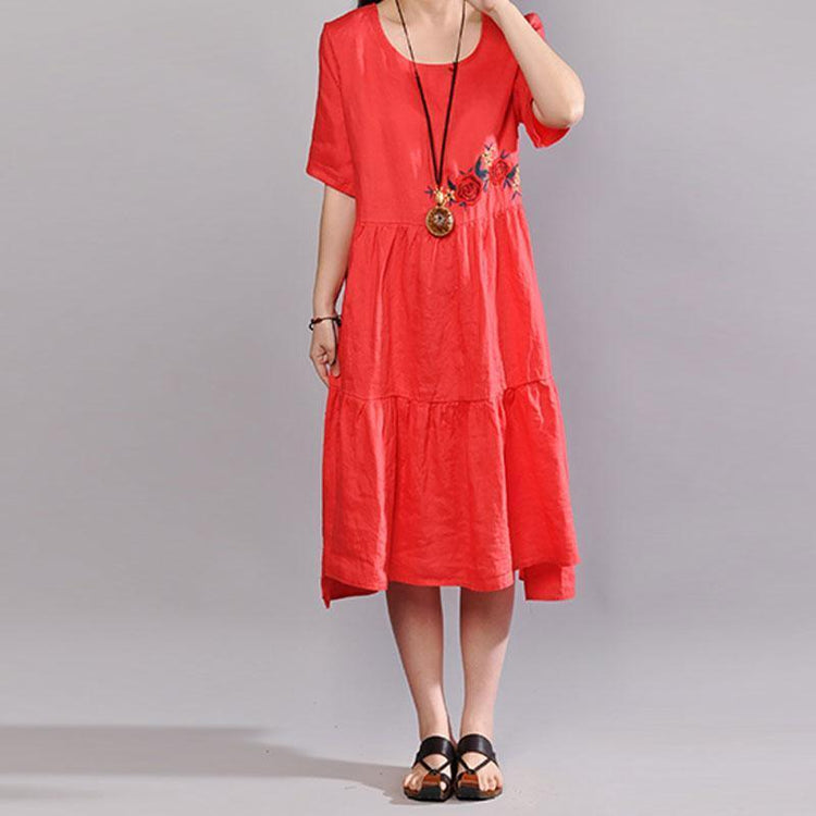 brief natural linen dress  plus size clothing Embroidered Round Neck Short Sleeve Flax Red Dress - Omychic