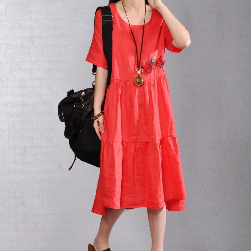 brief natural linen dress  plus size clothing Embroidered Round Neck Short Sleeve Flax Red Dress - Omychic