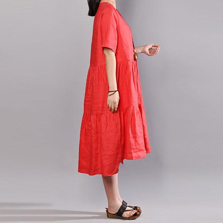 brief natural linen dress  plus size clothing Embroidered Round Neck Short Sleeve Flax Red Dress - Omychic