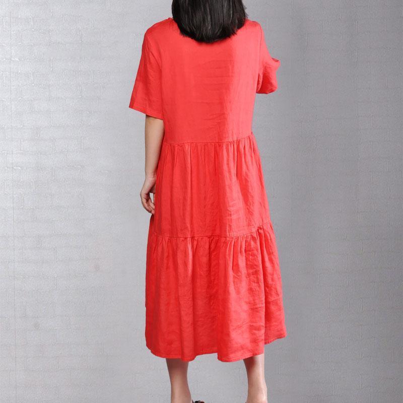 brief natural linen dress  plus size clothing Embroidered Round Neck Short Sleeve Flax Red Dress - Omychic