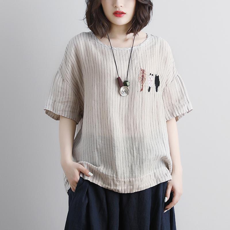 brief summer linen tops plus size clothing Casual Short Sleeve Embroidery Stripe Summer Women Tops - Omychic