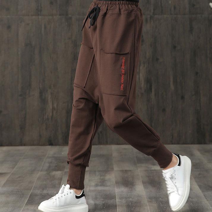 brown casual women pants loose elastic waist beam pants - Omychic