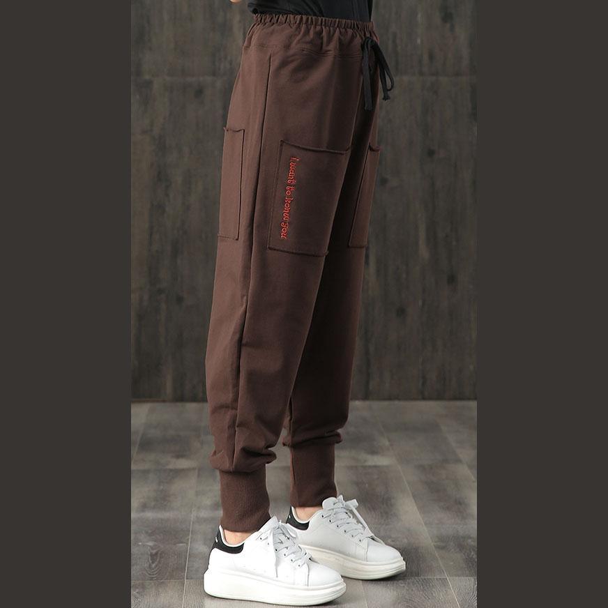 brown casual women pants loose elastic waist beam pants - Omychic