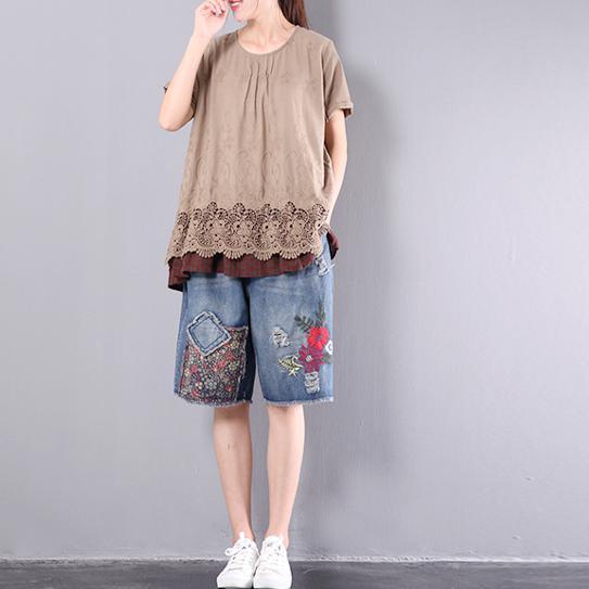 brown baggy loose cotton tops plus size lace patchwork t shirt - Omychic