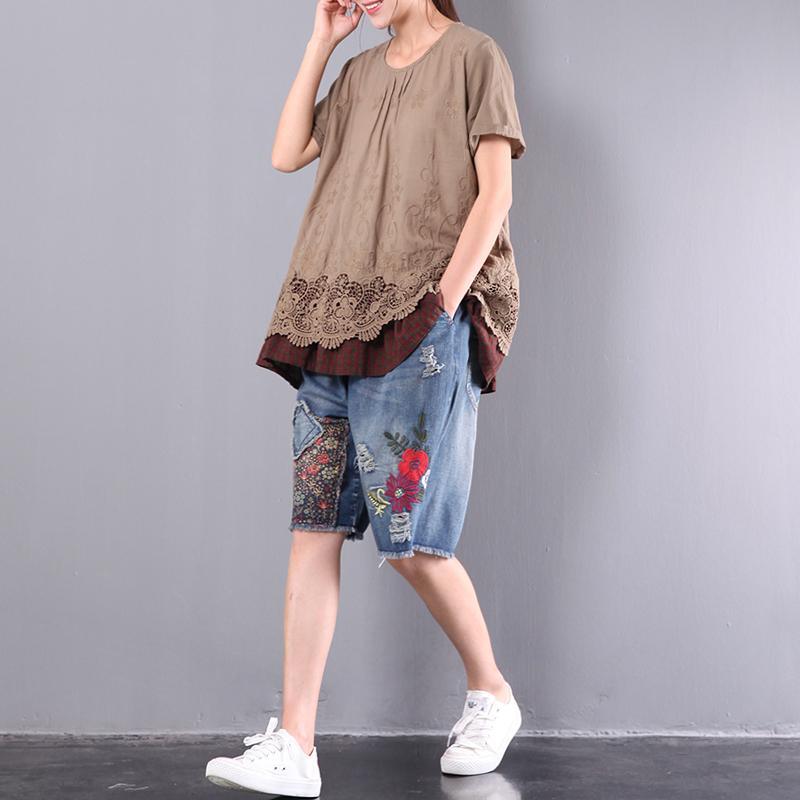 brown baggy loose cotton tops plus size lace patchwork t shirt - Omychic