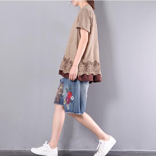 brown baggy loose cotton tops plus size lace patchwork t shirt - Omychic