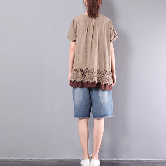 brown baggy loose cotton tops plus size lace patchwork t shirt - Omychic