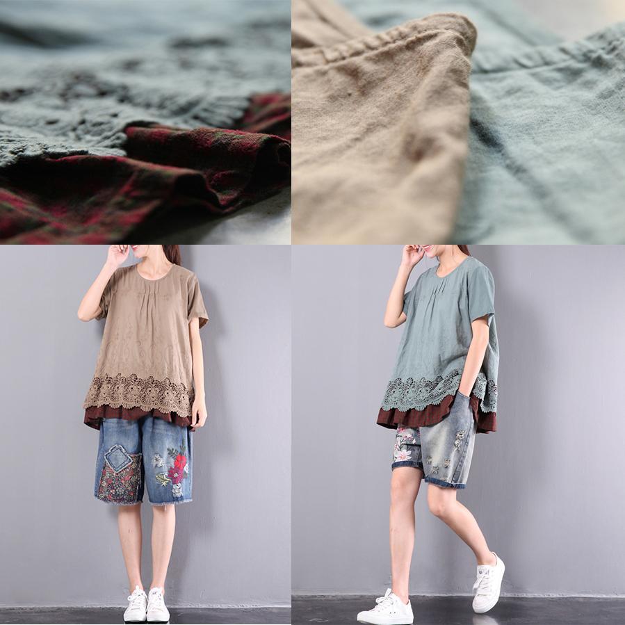 brown baggy loose cotton tops plus size lace patchwork t shirt - Omychic