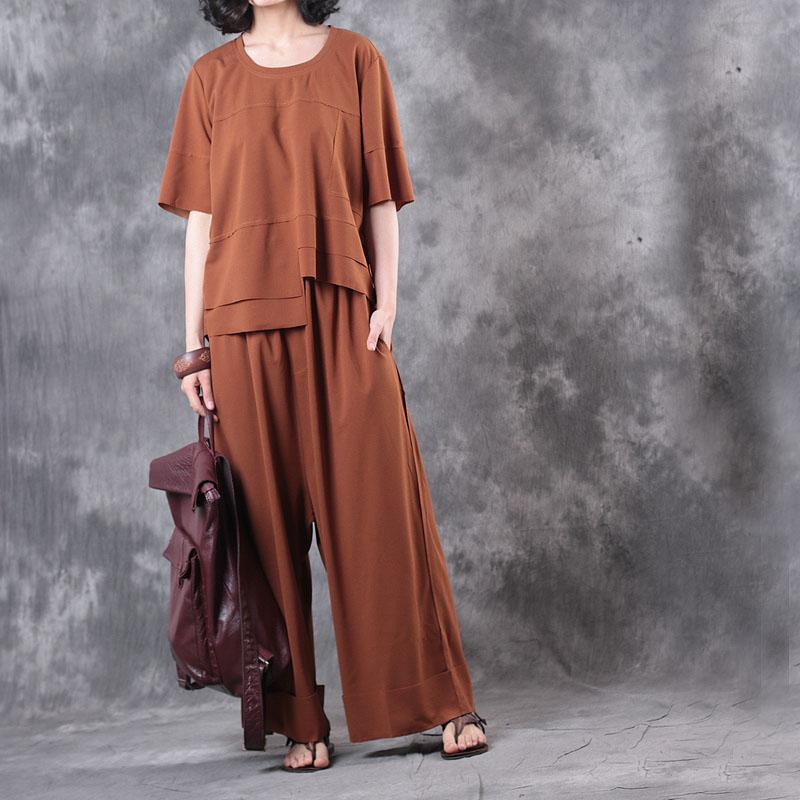 brown casual two pieces asymmetric cotton tops casual wide leg pants - Omychic