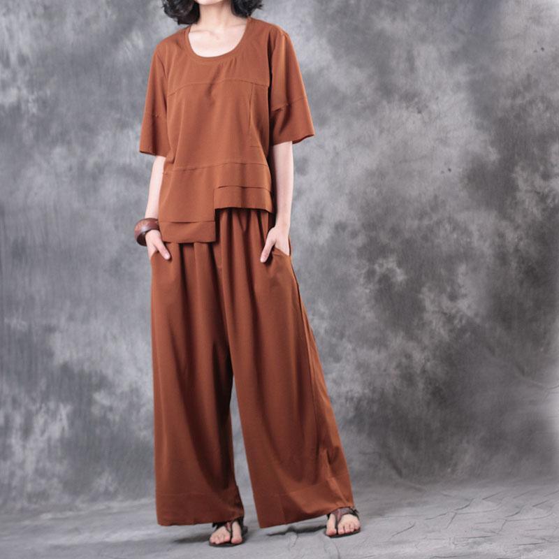 brown casual two pieces asymmetric cotton tops casual wide leg pants - Omychic