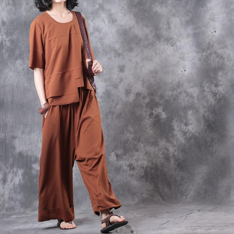 brown casual two pieces asymmetric cotton tops casual wide leg pants - Omychic