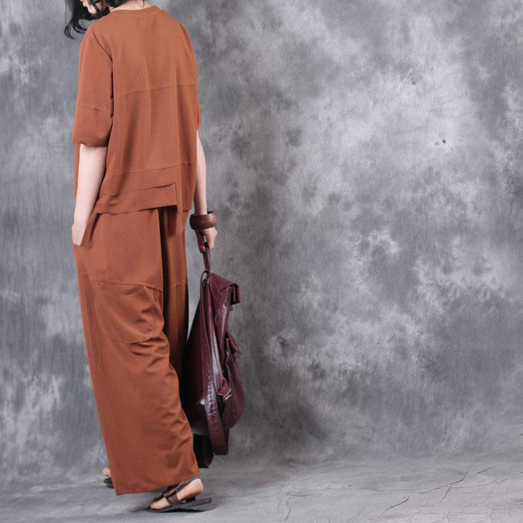 brown casual two pieces asymmetric cotton tops casual wide leg pants - Omychic