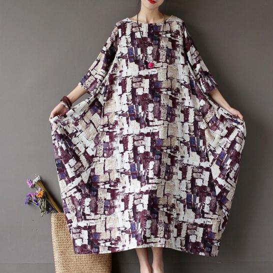 brown geometric prints linen dresses plus size vintage long sleeve lantern maxi dress - Omychic
