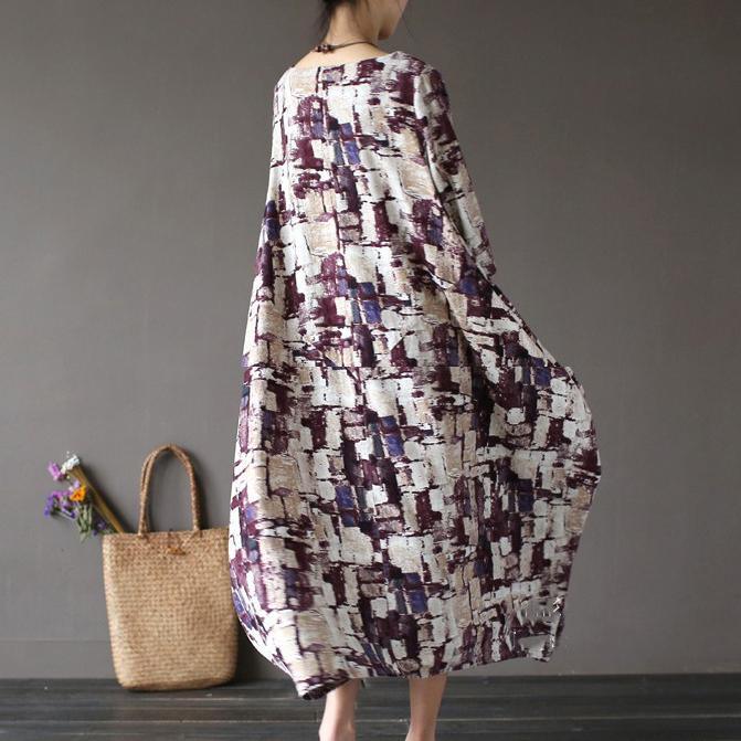 brown geometric prints linen dresses plus size vintage long sleeve lantern maxi dress - Omychic
