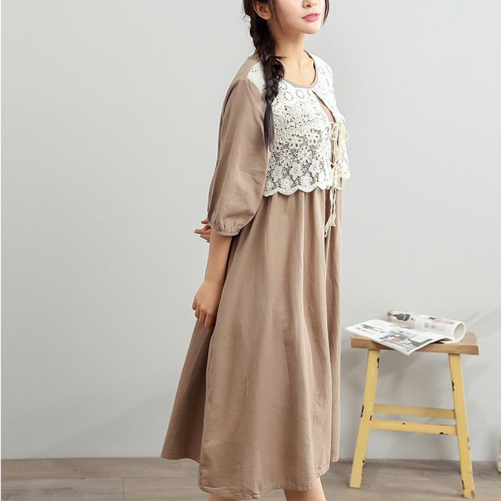 brown linen dress plus size cotton sundress casual embroidery summer maxi dress - Omychic