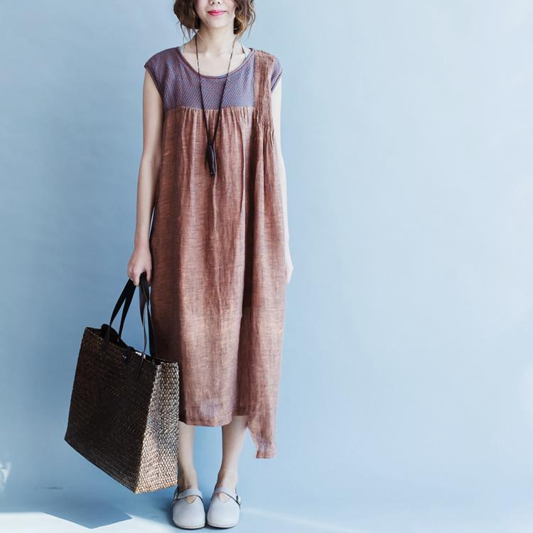 Brown Sleeveless Maxi Dress Casual Linen Loose Sundress Patchwork Women Dress ( Limited Stock) - Omychic