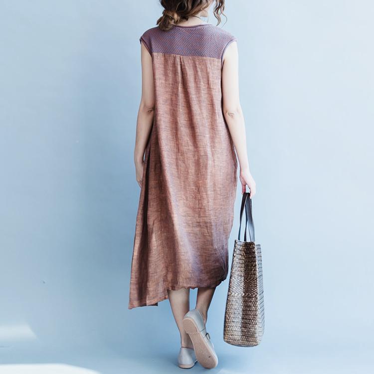Brown Sleeveless Maxi Dress Casual Linen Loose Sundress Patchwork Women Dress ( Limited Stock) - Omychic