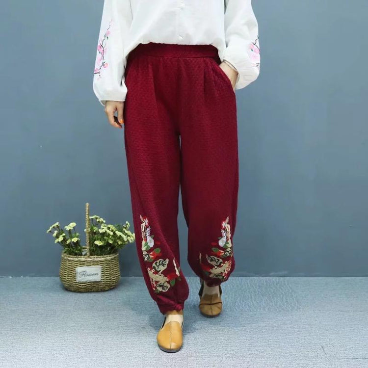 burgundy exquisite embroidery trousers buckle solid color lantern pants - Omychic