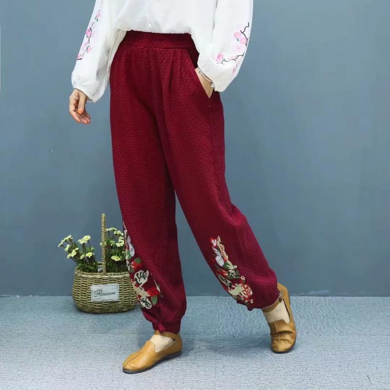 burgundy exquisite embroidery trousers buckle solid color lantern pants - Omychic