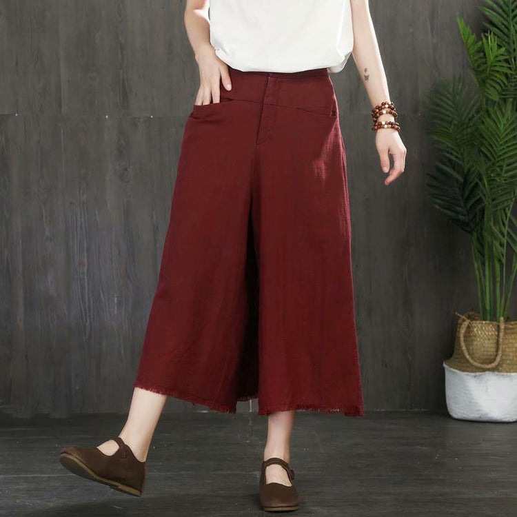 burgundy women linen crop pants loose slim casual pants - Omychic