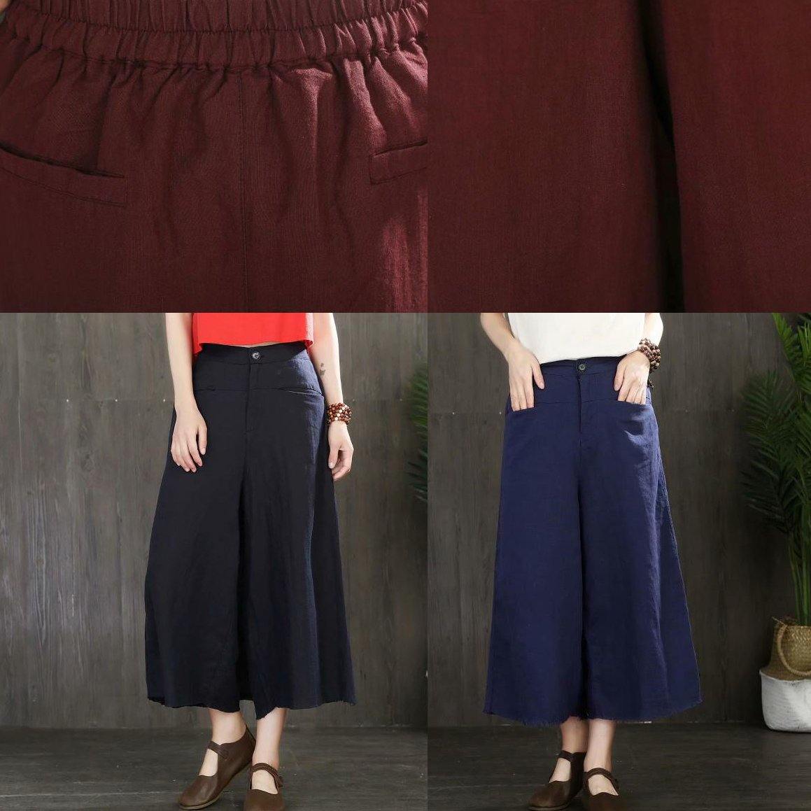burgundy women linen crop pants loose slim casual pants - Omychic