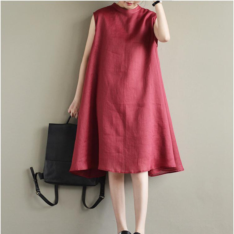 burgundy brief linen drsses baggy loose casual sundress sleeve maxi women dress - Omychic