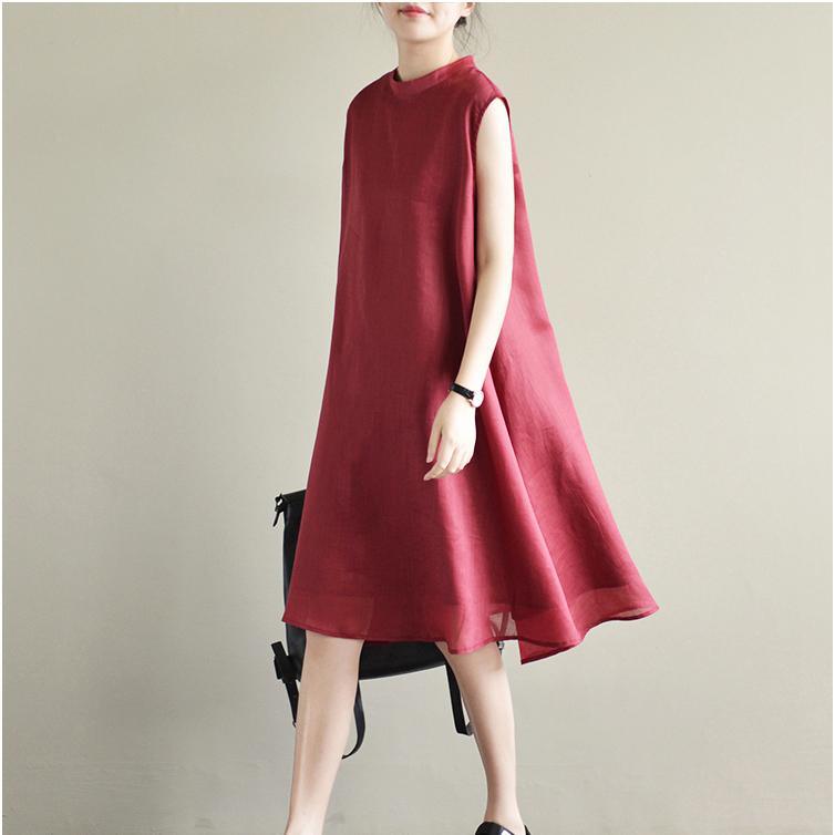 burgundy brief linen drsses baggy loose casual sundress sleeve maxi women dress - Omychic