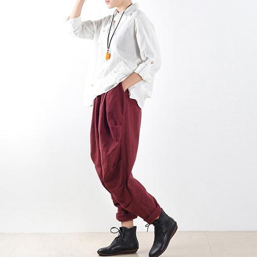 burgundy casual linen pants plus size wrinkled harem pants - Omychic