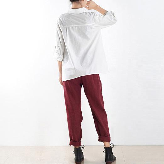 burgundy casual linen pants plus size wrinkled harem pants - Omychic