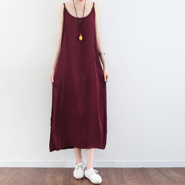 burgundy cotton dresses oversize casual sundress sleeveless maxi dress - Omychic