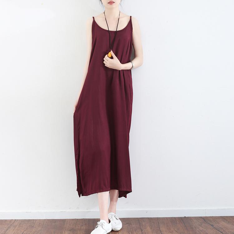 burgundy cotton dresses oversize casual sundress sleeveless maxi dress - Omychic