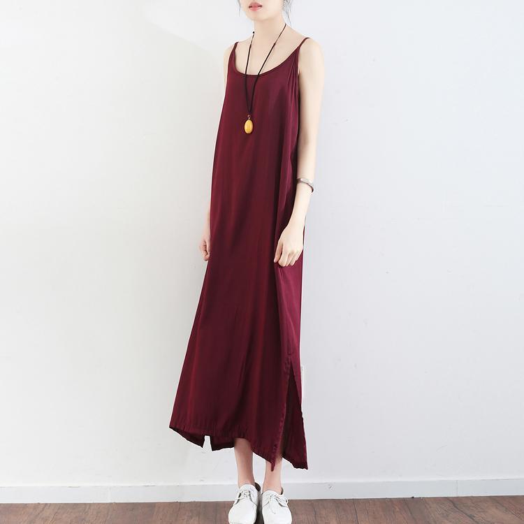 burgundy cotton dresses oversize casual sundress sleeveless maxi dress - Omychic