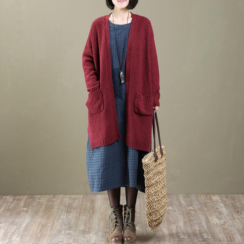 burgundy long woolen knit cardigans plus size outwear - Omychic