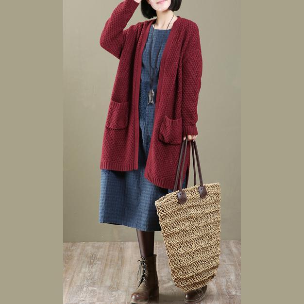 burgundy long woolen knit cardigans plus size outwear - Omychic