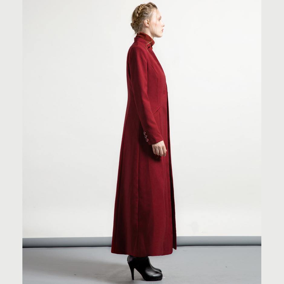 burgundy slim fit cotton blended maxi trench coats tunic elegant long sleeve cardigan outwear - Omychic
