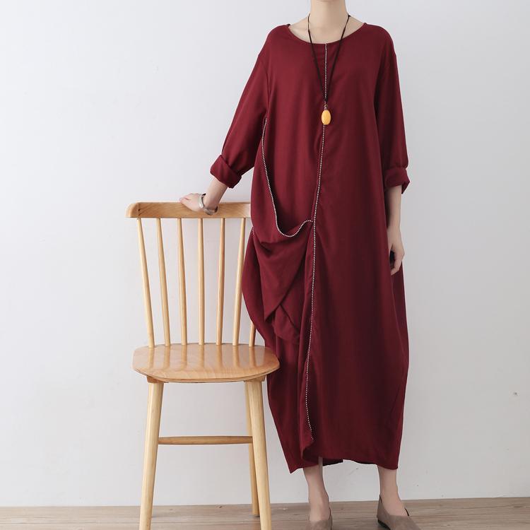 burgundy stylish asymmetric hem linen dresses plus size casual zippered maxi dress - Omychic