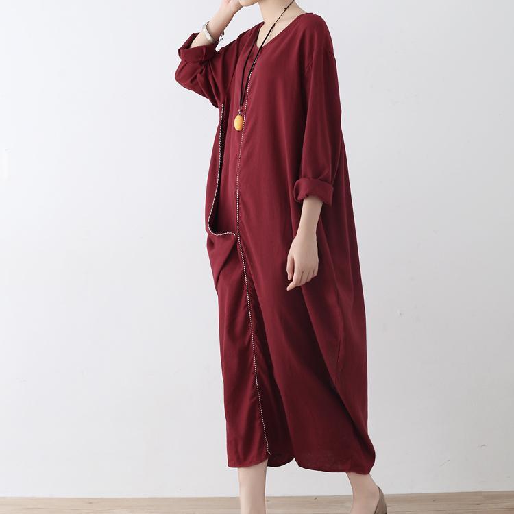 burgundy stylish asymmetric hem linen dresses plus size casual zippered maxi dress - Omychic