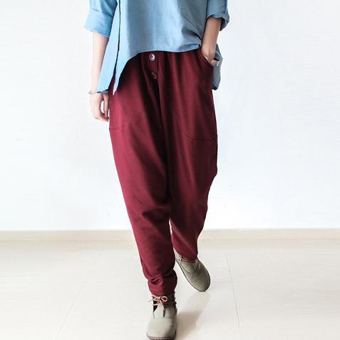 burgundy stylish cotton trousers oversize casual elastic waist pants - Omychic