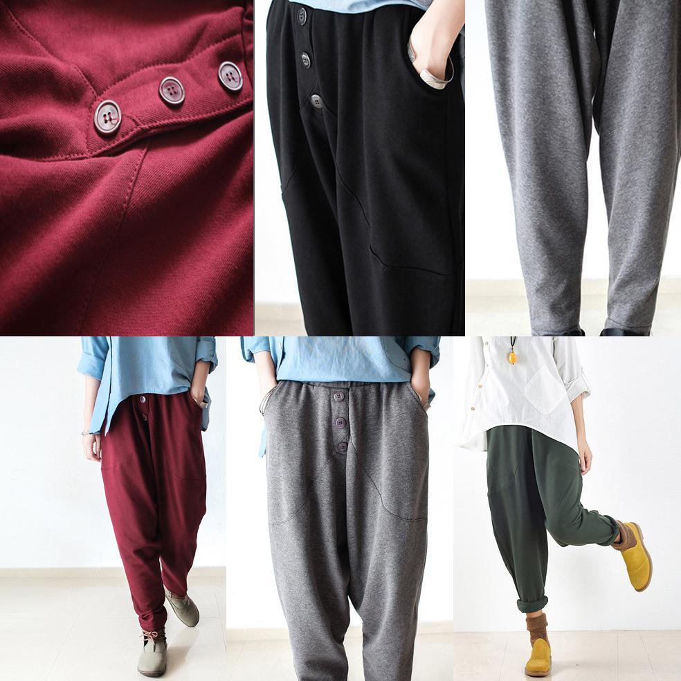 burgundy stylish cotton trousers oversize casual elastic waist pants - Omychic